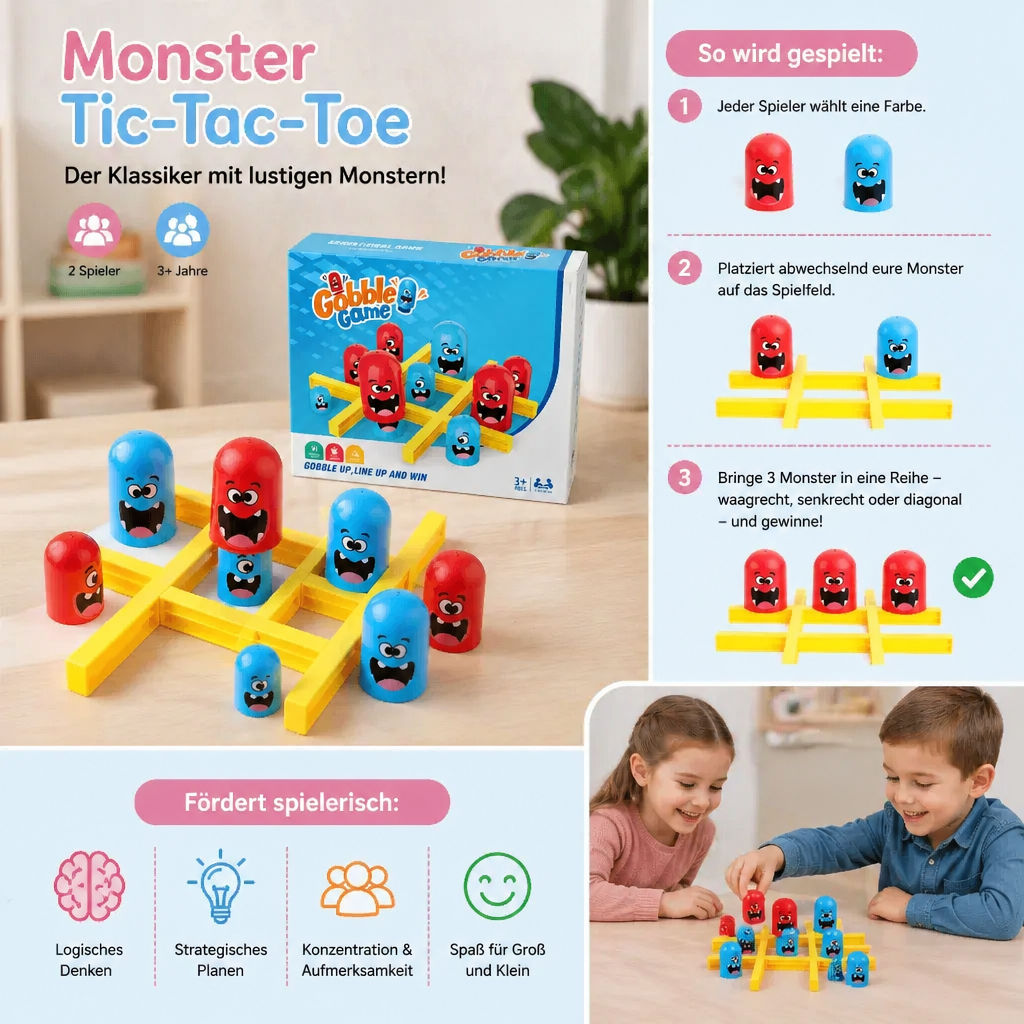 Monster Tic-Tac-Toe Brettspiel für Kinder – Lustiges 2-Spieler Strategiespiel