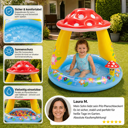 Kinder-Planschbecken mit Doppelboden & Pilz-Sonnendach – Komfortabler Baby-Spielpool & Bällebad
