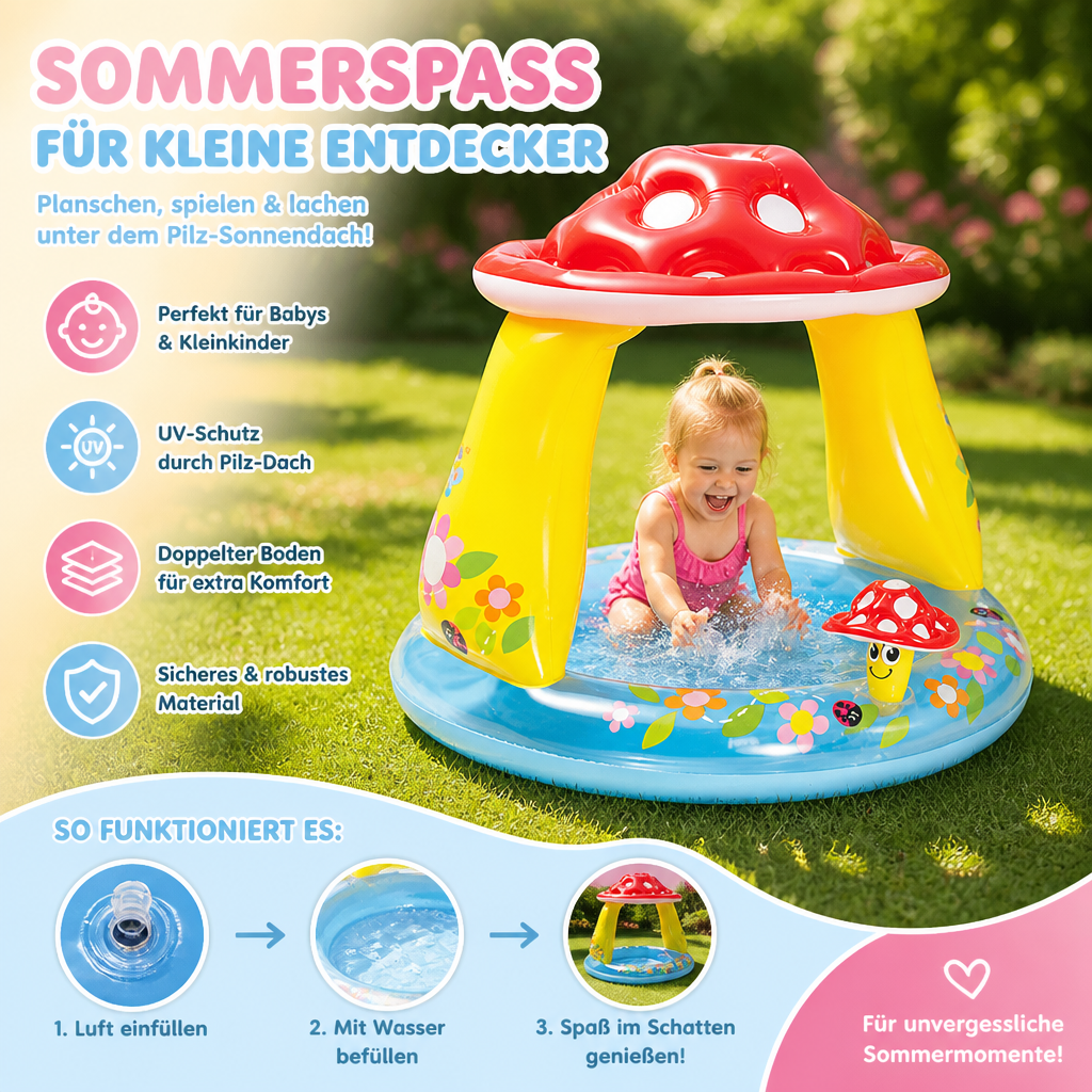 Kinder-Planschbecken mit Doppelboden & Pilz-Sonnendach – Komfortabler Baby-Spielpool & Bällebad