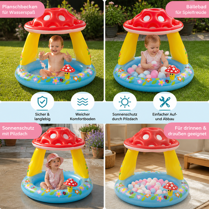 Kinder-Planschbecken mit Doppelboden & Pilz-Sonnendach – Komfortabler Baby-Spielpool & Bällebad