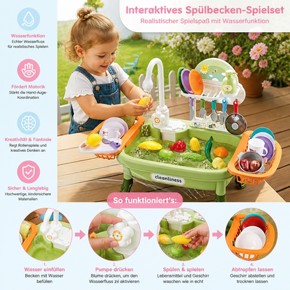 Sommer Kinder-Spielküche mit Wasserfunktion – Spülbecken-Spielset mit Zubehör für realistischen Spielspaß