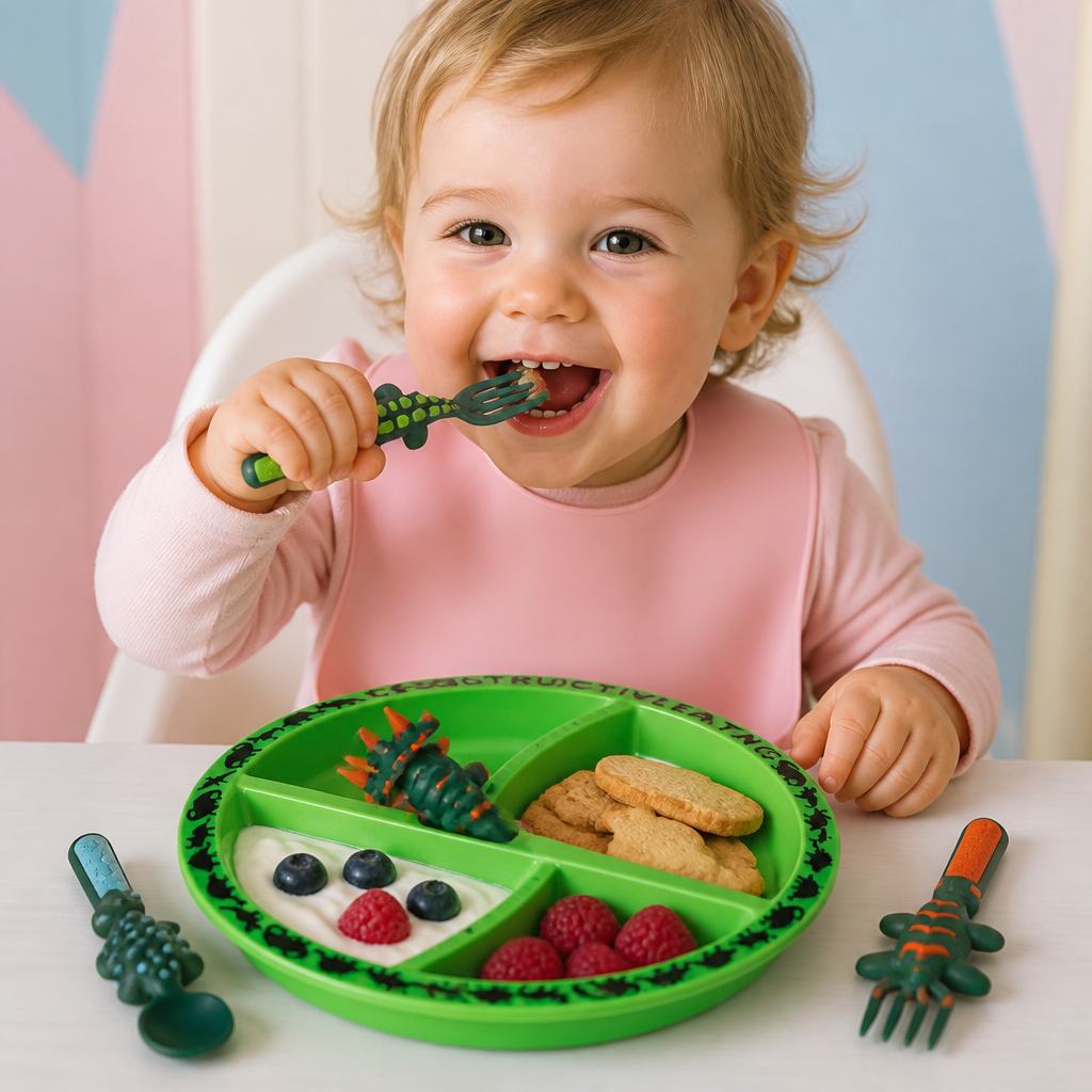 Geschirr und Besteckset im Dino-Design