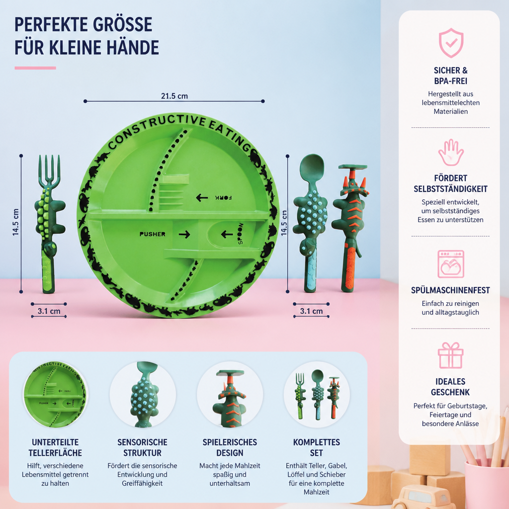 Geschirr und Besteckset im Dino-Design