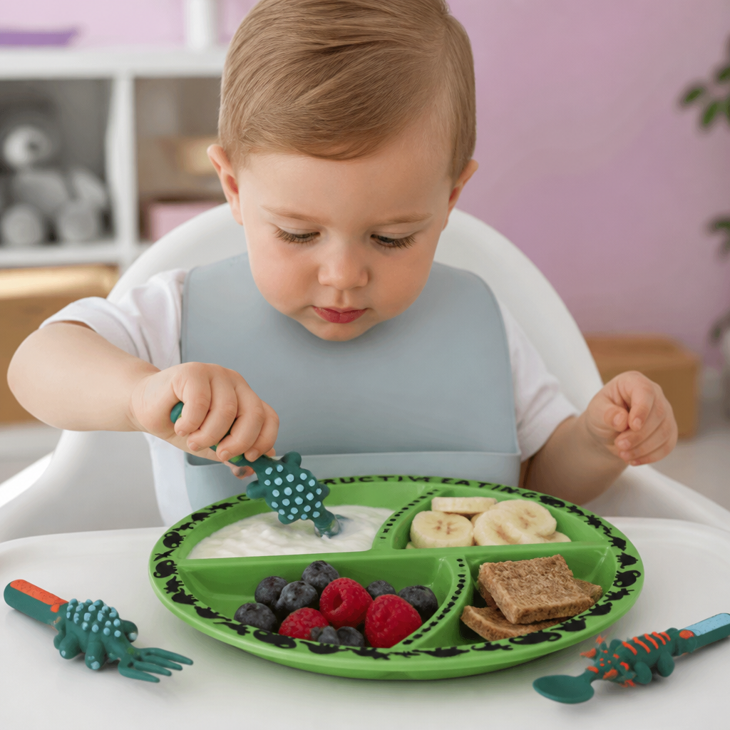 Geschirr und Besteckset im Dino-Design