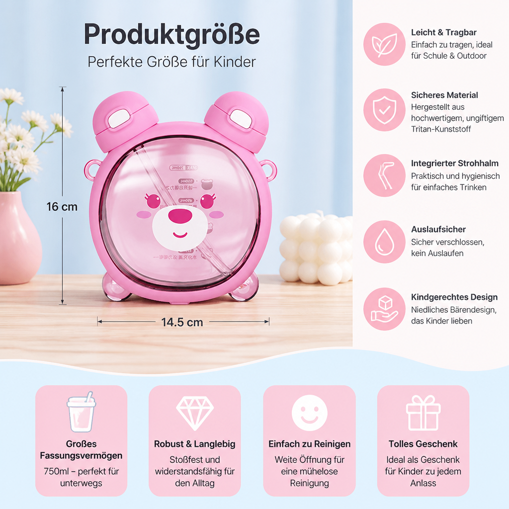 750MLCute Bär Kessel Stroh Wasser Tasse Sommer Tritan Stroh Flasche Kunststoff Stroh Trinkbecher Kawaii Kinder Wasser Tasse für die Schul