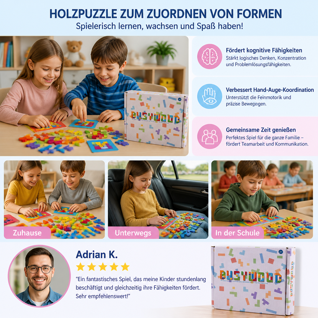 Familienspiel: Holzpuzzle zum Zuordnen von Formen