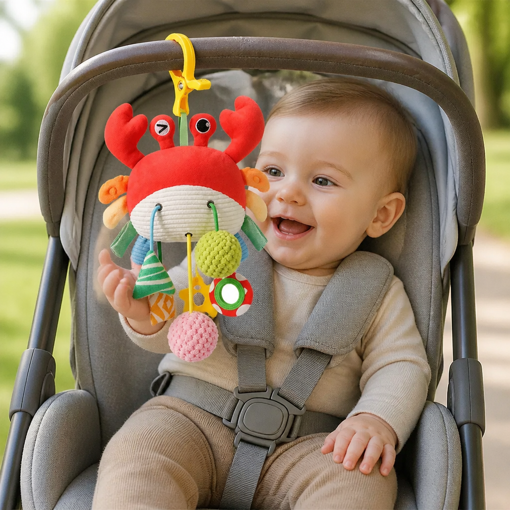 Krabben-Aktivitätsspielzeug für Babys mit Zugschnur, Rassel & Beißring