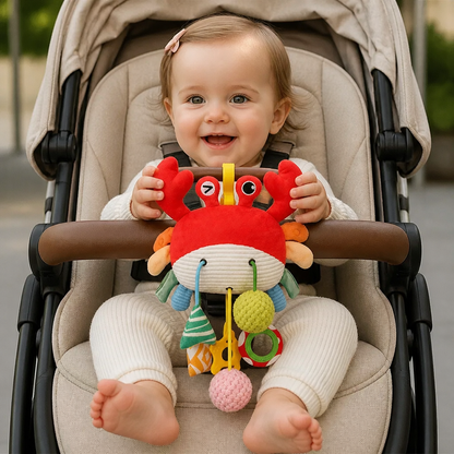 Krabben-Aktivitätsspielzeug für Babys mit Zugschnur, Rassel & Beißring