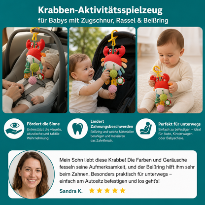 Krabben-Aktivitätsspielzeug für Babys mit Zugschnur, Rassel & Beißring