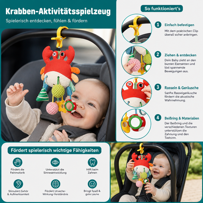 Krabben-Aktivitätsspielzeug für Babys mit Zugschnur, Rassel & Beißring