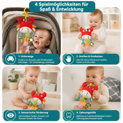 Krabben-Aktivitätsspielzeug für Babys mit Zugschnur, Rassel & Beißring