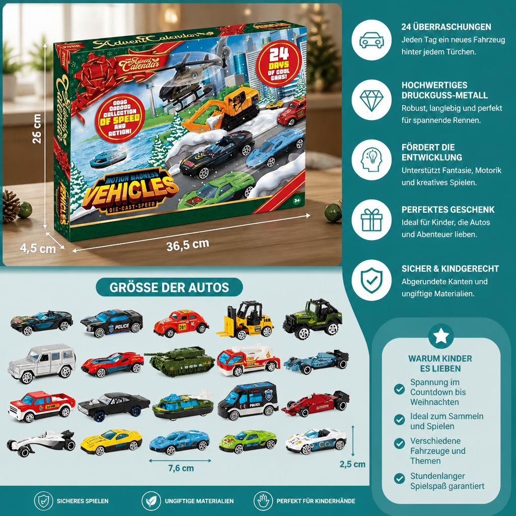 Weihnachts-Adventskalender mit Druckgussautos für Kinder