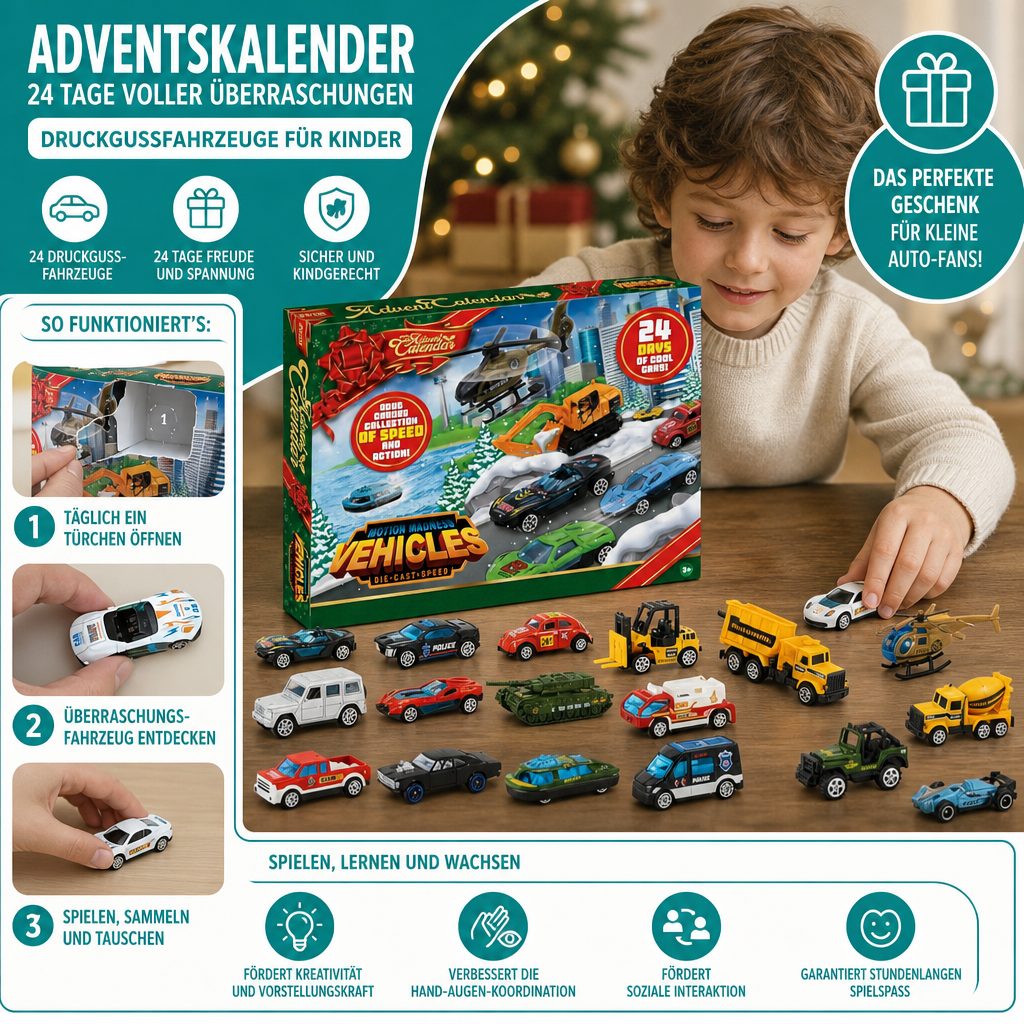 Weihnachts-Adventskalender mit Druckgussautos für Kinder