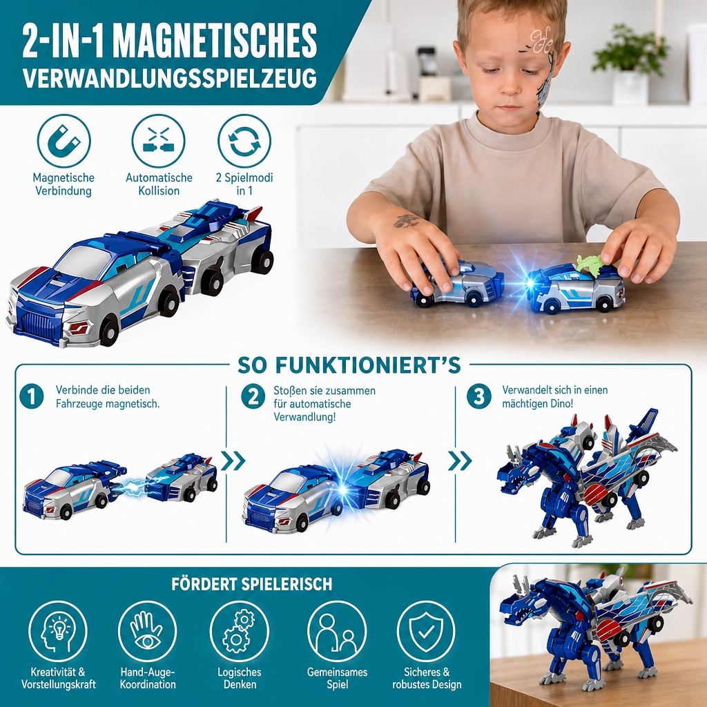2-in-1 Magnetisches Verwandlungsauto & Dinosaurier-Spielzeug mit automatischer Kollisionsfunktion