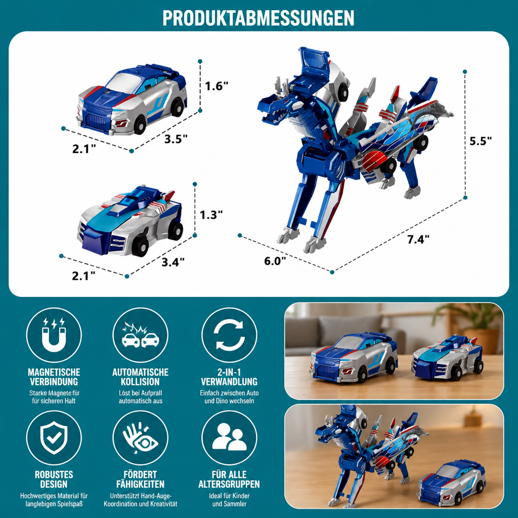 2-in-1 Magnetisches Verwandlungsauto & Dinosaurier-Spielzeug mit automatischer Kollisionsfunktion