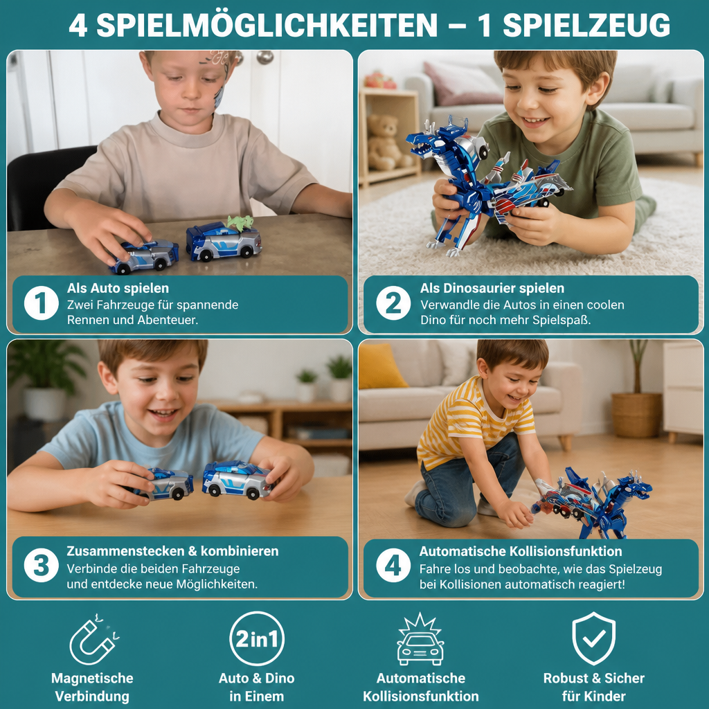 2-in-1 Magnetisches Verwandlungsauto & Dinosaurier-Spielzeug mit automatischer Kollisionsfunktion