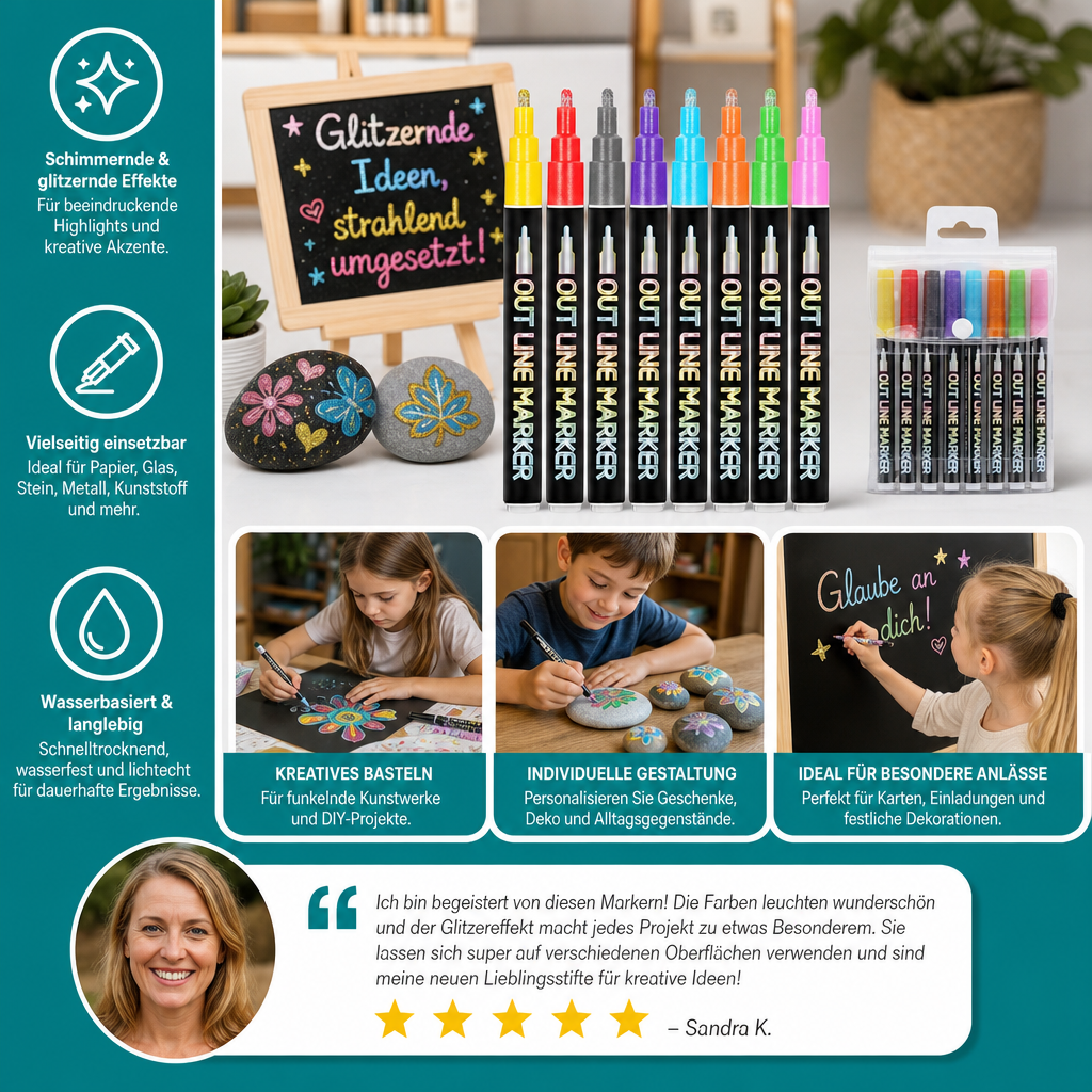 Schimmernde Konturen- & Metallic-Glitzermarker im Set