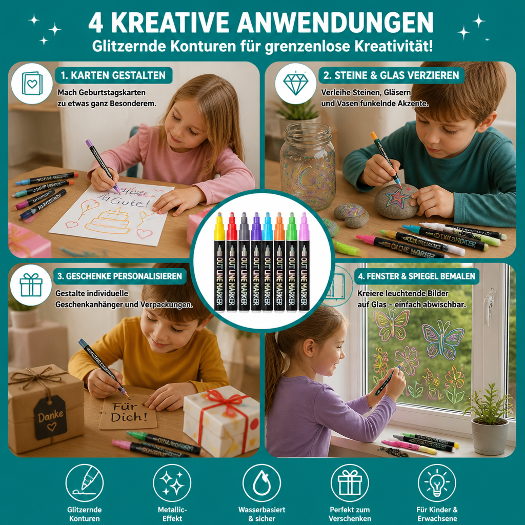 Schimmernde Konturen- & Metallic-Glitzermarker im Set
