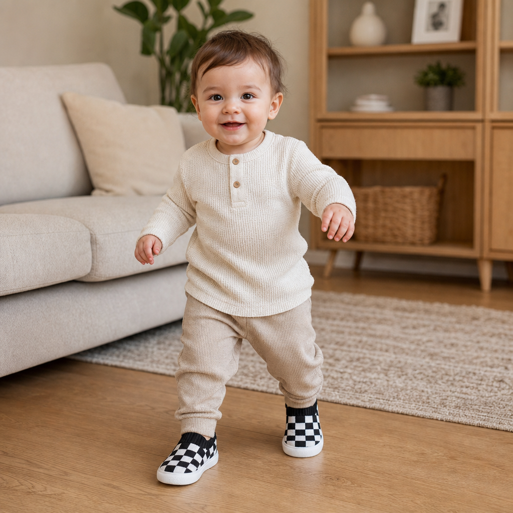 Leichte karierte Lauflernschuhe für Babys mit weichen rutschfesten Sohlen