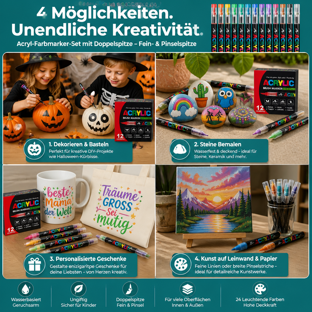 Acryl-Farbmarker-Set mit Doppelspitze – Fein- & Pinselspitze