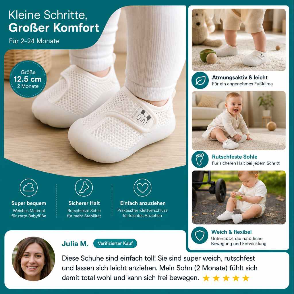 Bequeme Babyschuhe mit weichen, rutschfesten Sohlen