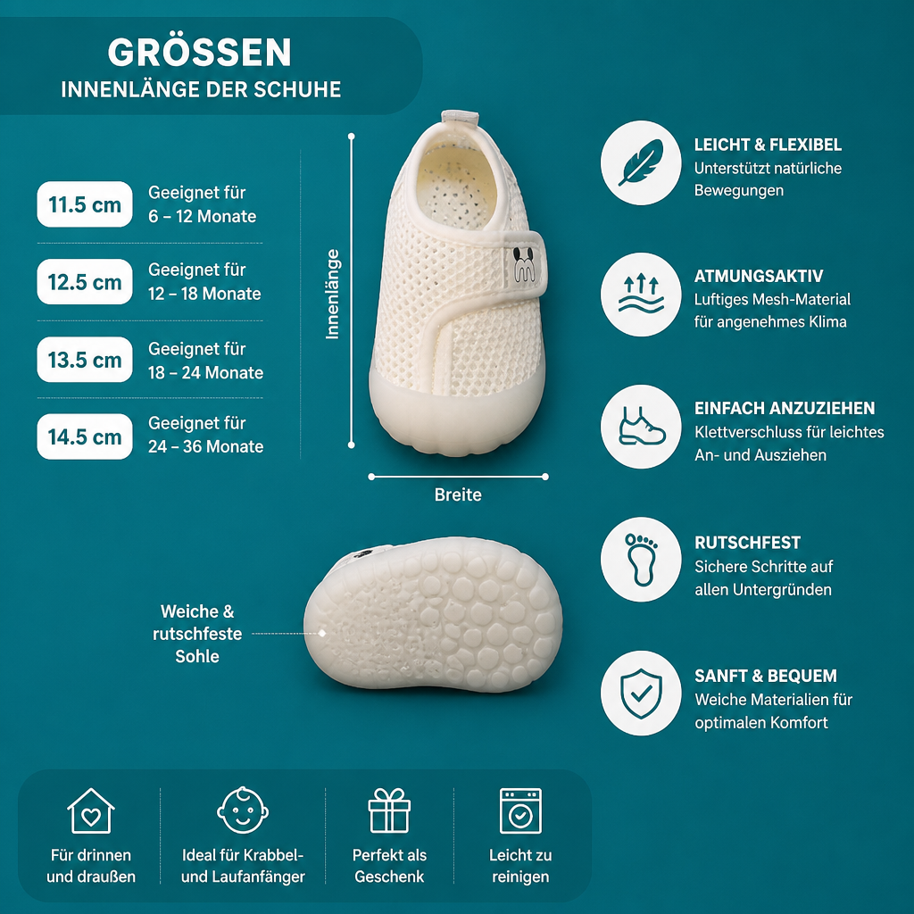 Bequeme Babyschuhe mit weichen, rutschfesten Sohlen