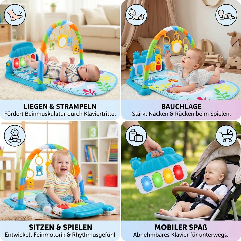 Baby Musik-Spielbogen mit Piano – Interaktive Sensorik Krabbeldecke für 0-24 Monate