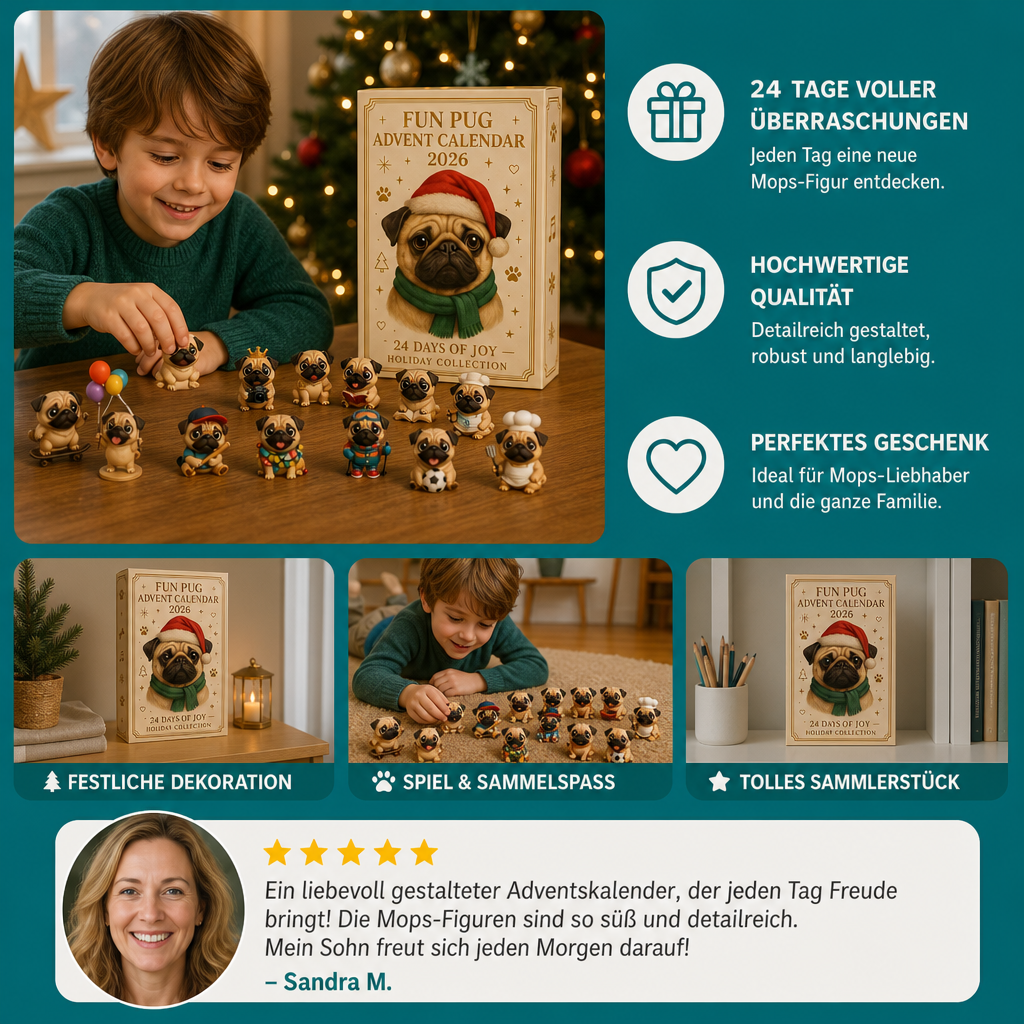 24-Tage Mops-Adventskalender mit Überraschungsfiguren