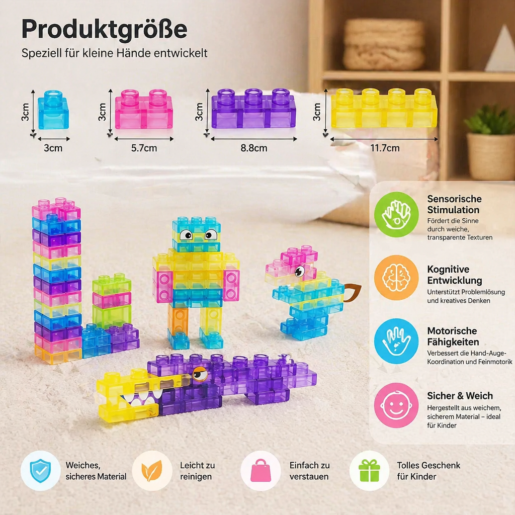 Sensorische Soft-Bausteine für Kinder – weiche, drückbare Lernbausteine für Spiel & Spaß