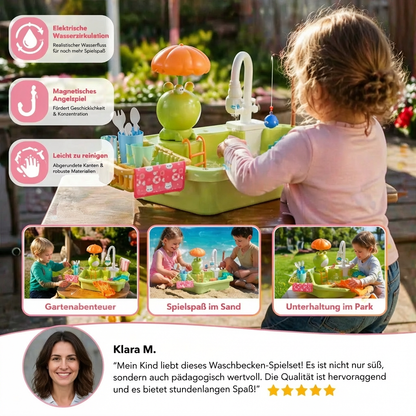 Kinder-Spielküche mit Wasserfunktion – Spülbecken Spielset mit elektrischer Wasserzirkulation & Angelspiel