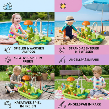 Kinder-Spielküche mit Wasserfunktion – Spülbecken Spielset mit elektrischer Wasserzirkulation & Angelspiel