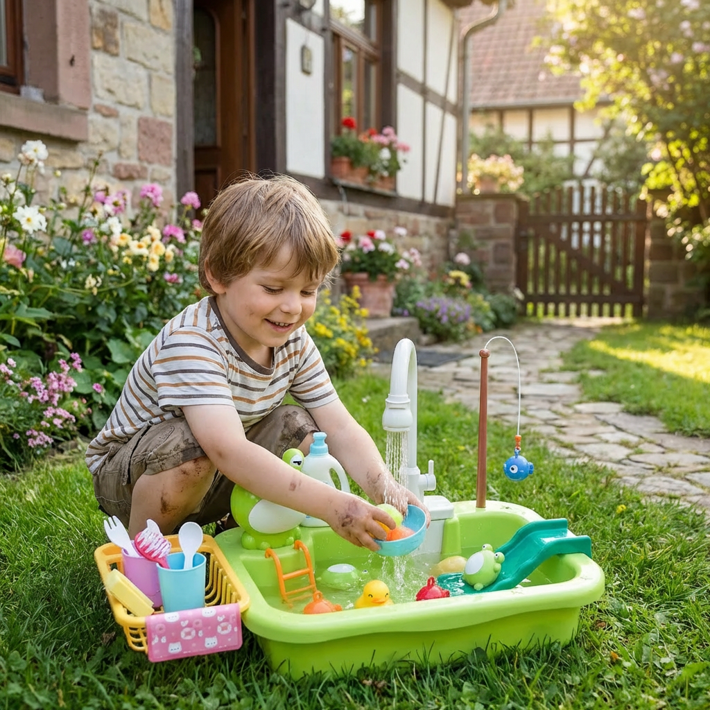 Kinder-Spielküche mit Wasserfunktion – Spülbecken Spielset mit elektrischer Wasserzirkulation & Angelspiel