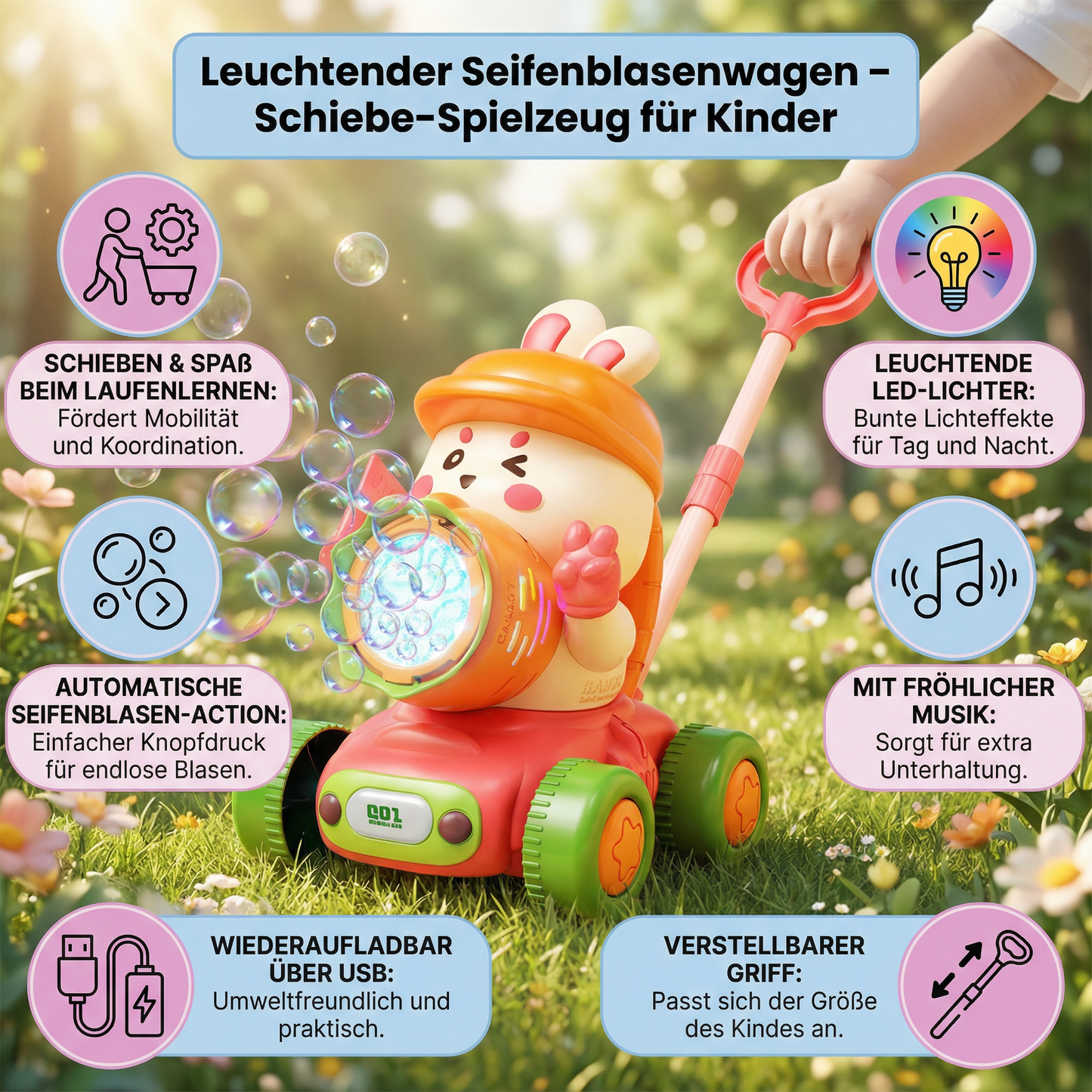 Leuchtender Seifenblasenwagen – Schiebe-Spielzeug für Kinder
