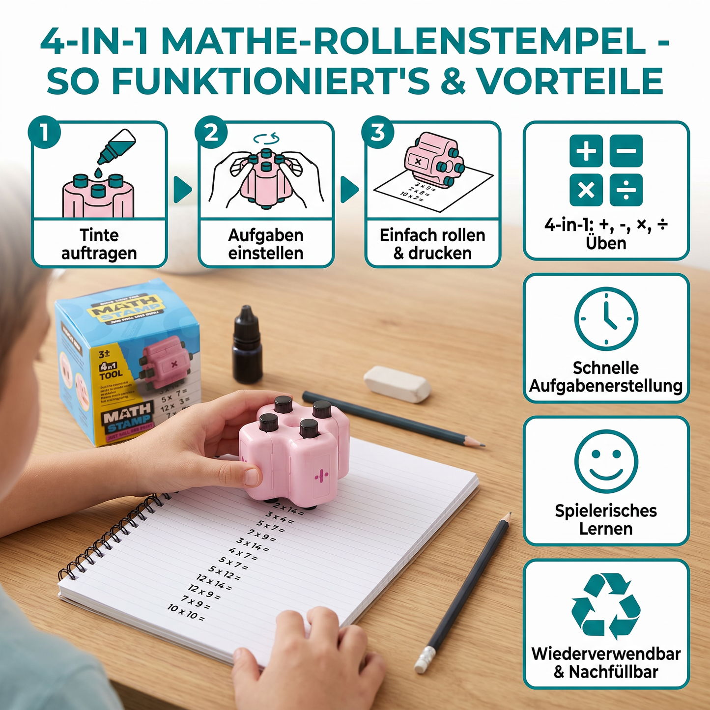 4-in-1 Mathe-Rollenstempel – Üben von Addition, Subtraktion, Multiplikation & Division