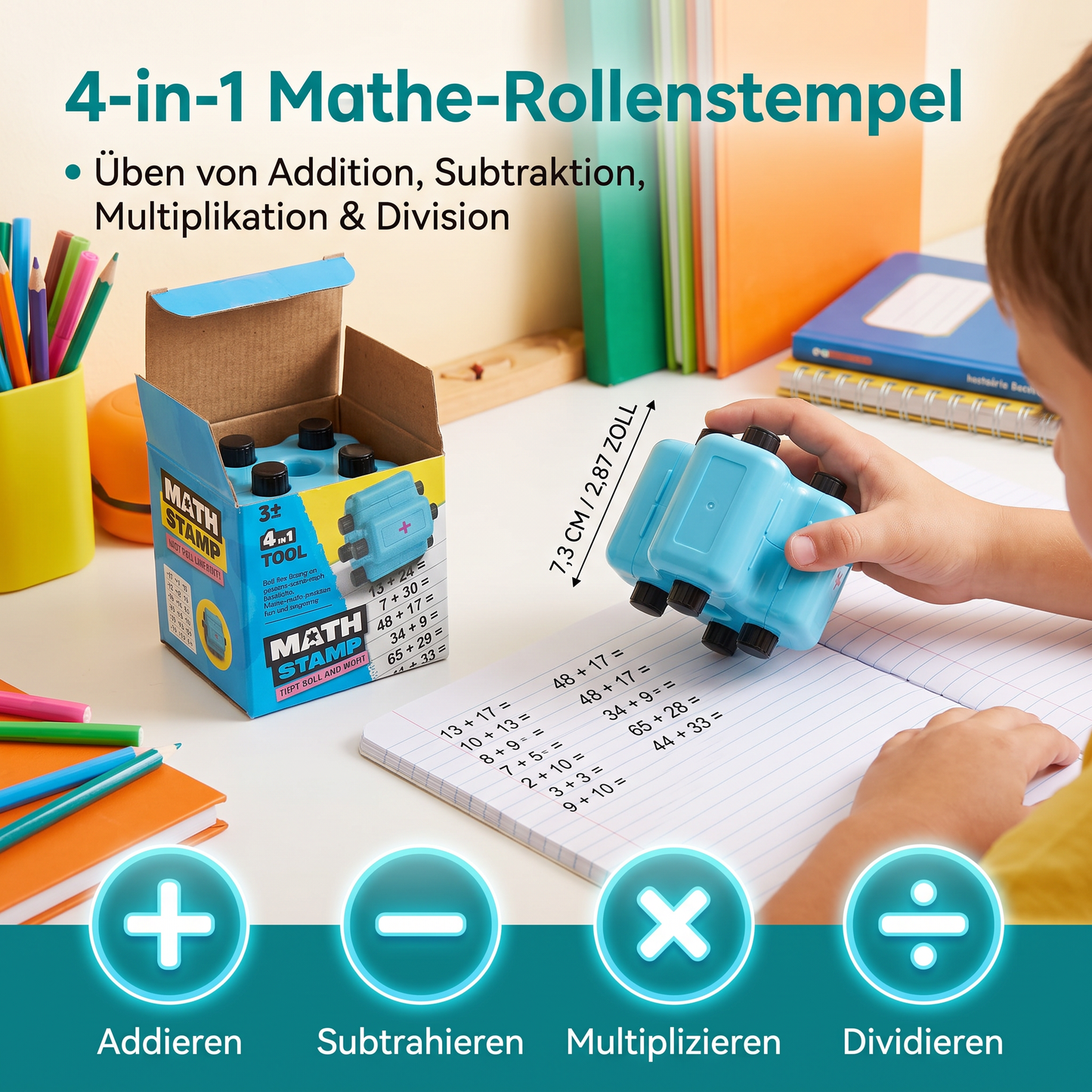4-in-1 Mathe-Rollenstempel – Üben von Addition, Subtraktion, Multiplikation & Division