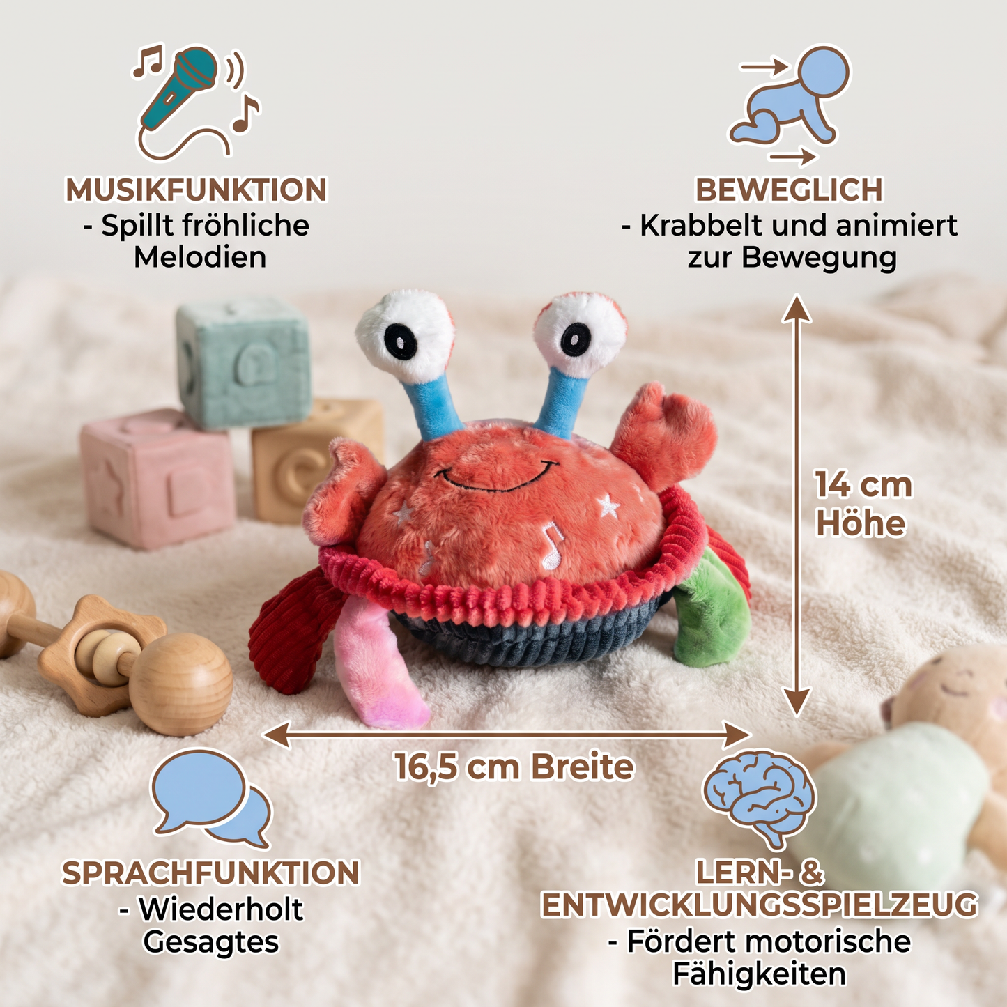Interaktive musikalische Krabbe mit Sprachfunktion – Bewegliches Lernspielzeug für Babys