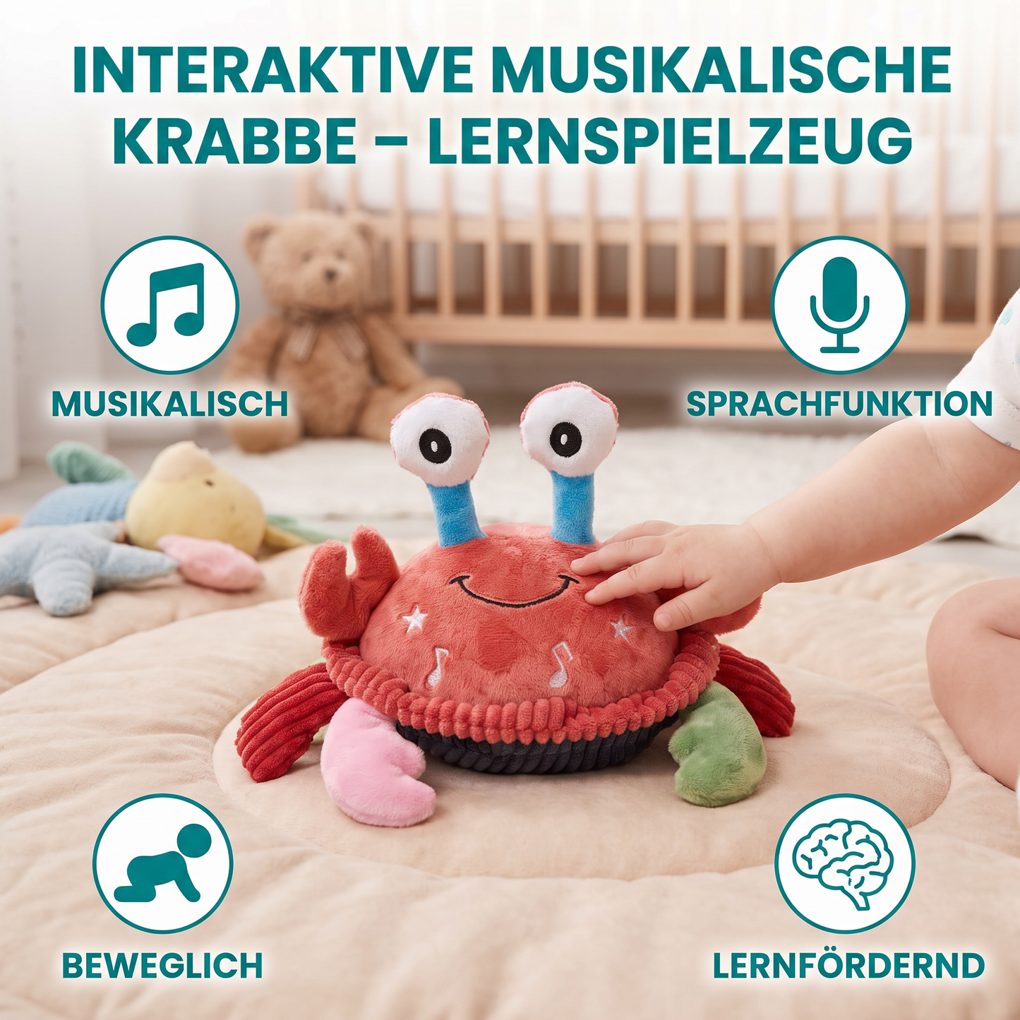 Interaktive musikalische Krabbe mit Sprachfunktion – Bewegliches Lernspielzeug für Babys