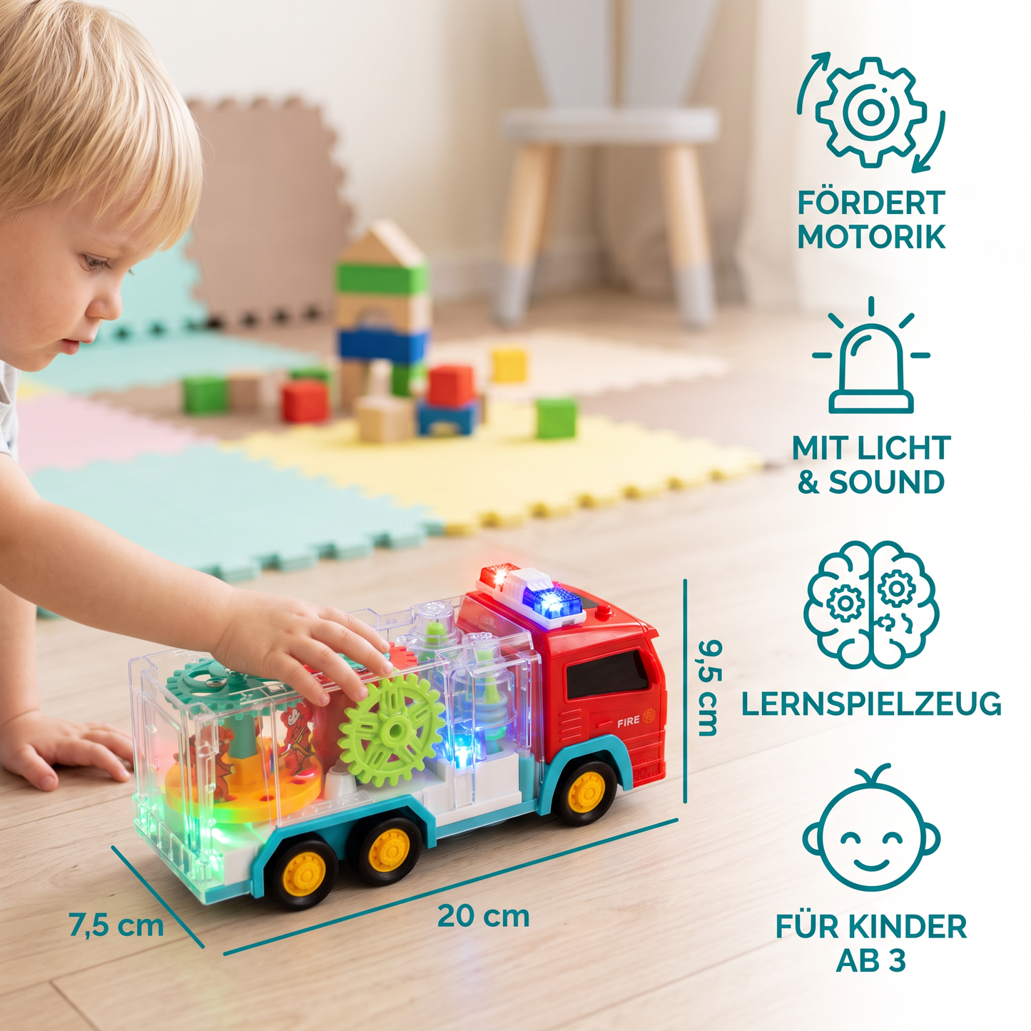Interaktives Feuerwehrwagen-Zahnradspielzeug mit Licht