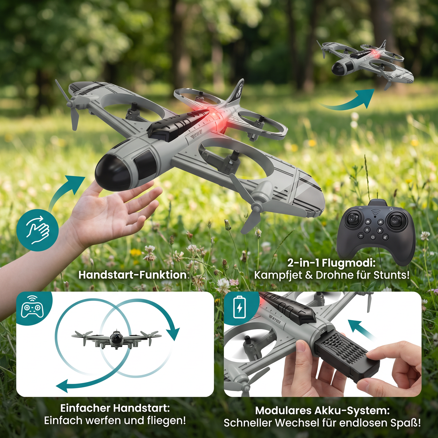 2-in-1 ferngesteuertes Kampfjet- & Drohnen-Spielzeug
