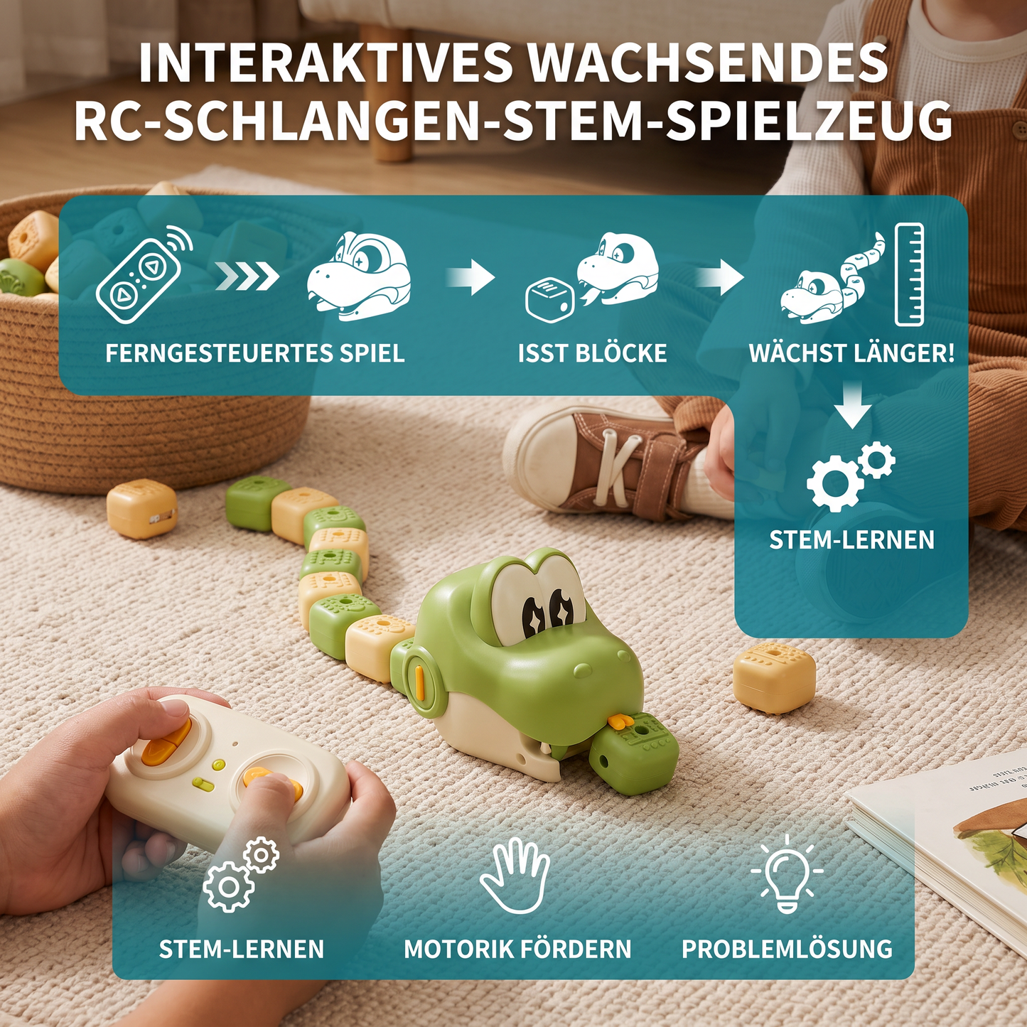 Interaktives wachsendes RC-Schlangen-STEM-Spielzeug – Frisst Bausteine & wird länger