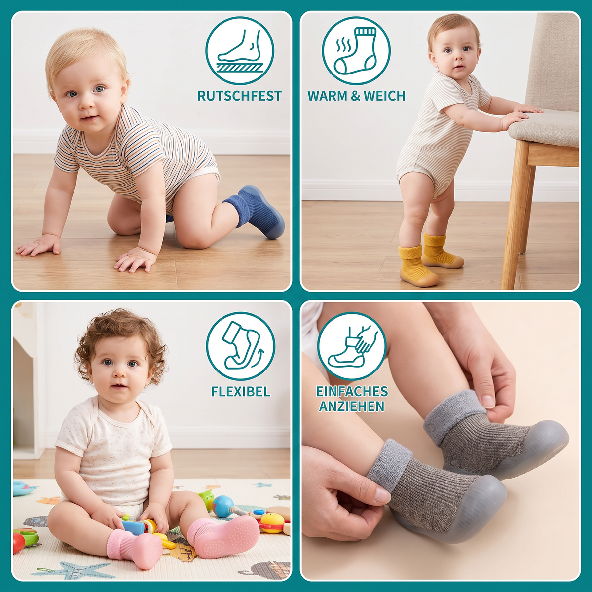 Warme Lauflern-Sockenschuhe für Babys mit weichen rutschfesten Sohlen