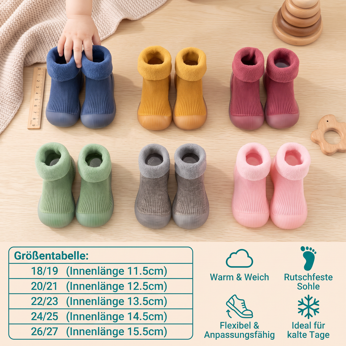 Warme Lauflern-Sockenschuhe für Babys mit weichen rutschfesten Sohlen