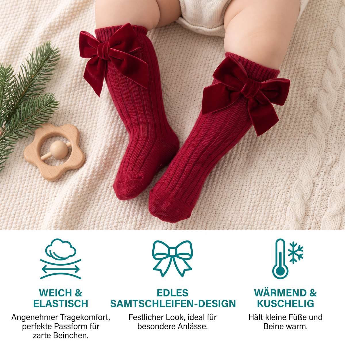 Weihnachtliche Kniestrümpfe für Baby-Mädchen mit Samtschleifen