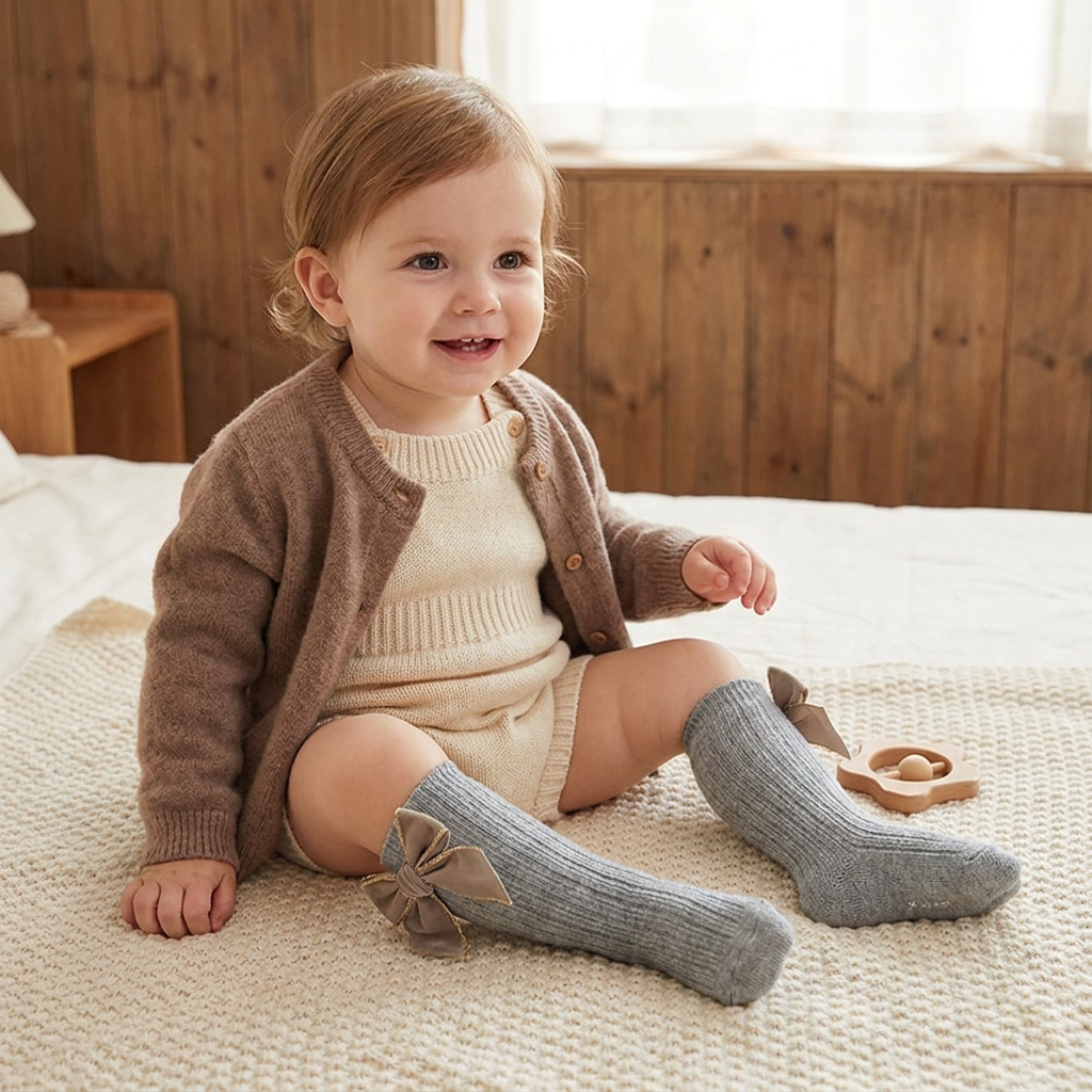 Weihnachtliche Kniestrümpfe für Baby-Mädchen mit Samtschleifen