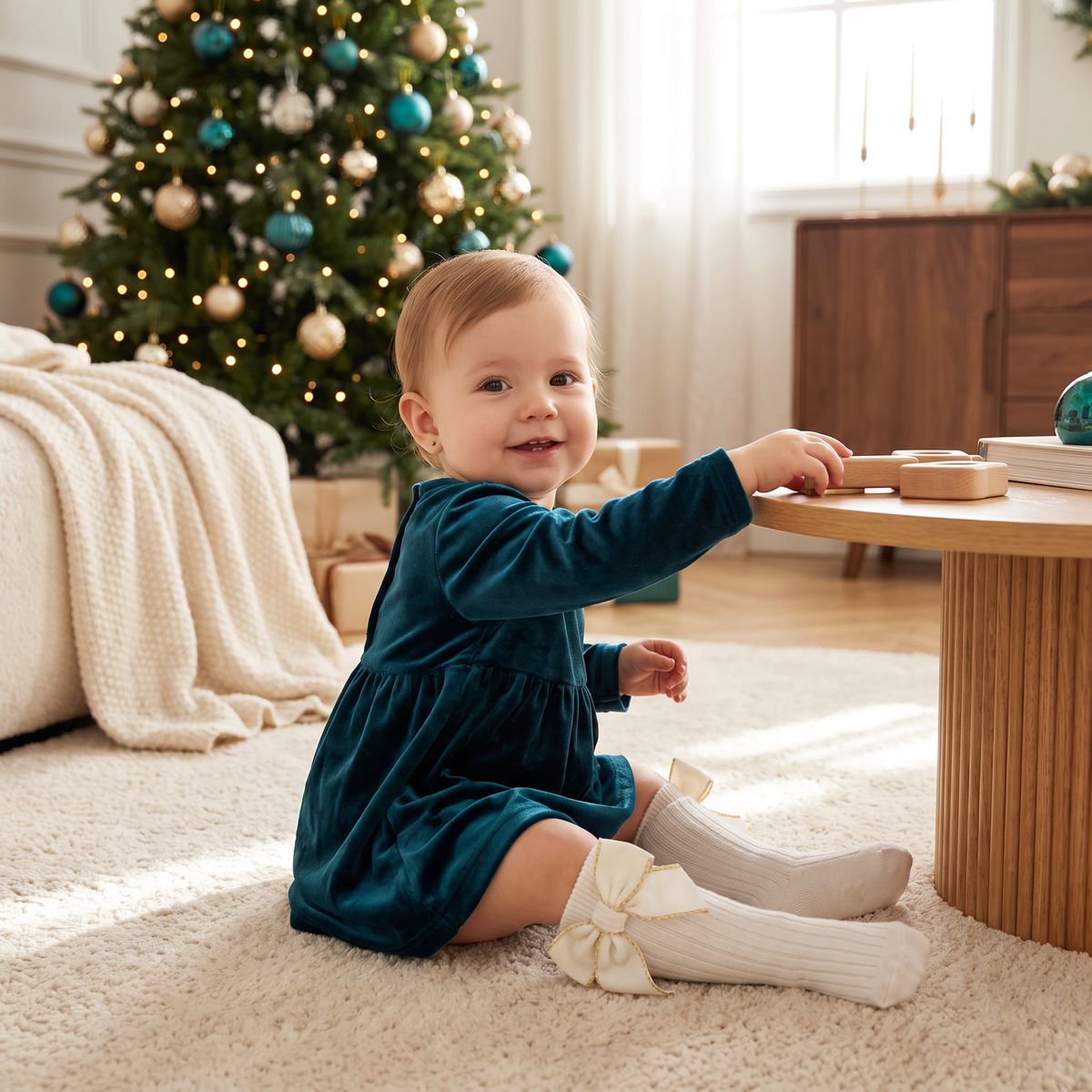 Weihnachtliche Kniestrümpfe für Baby-Mädchen mit Samtschleifen