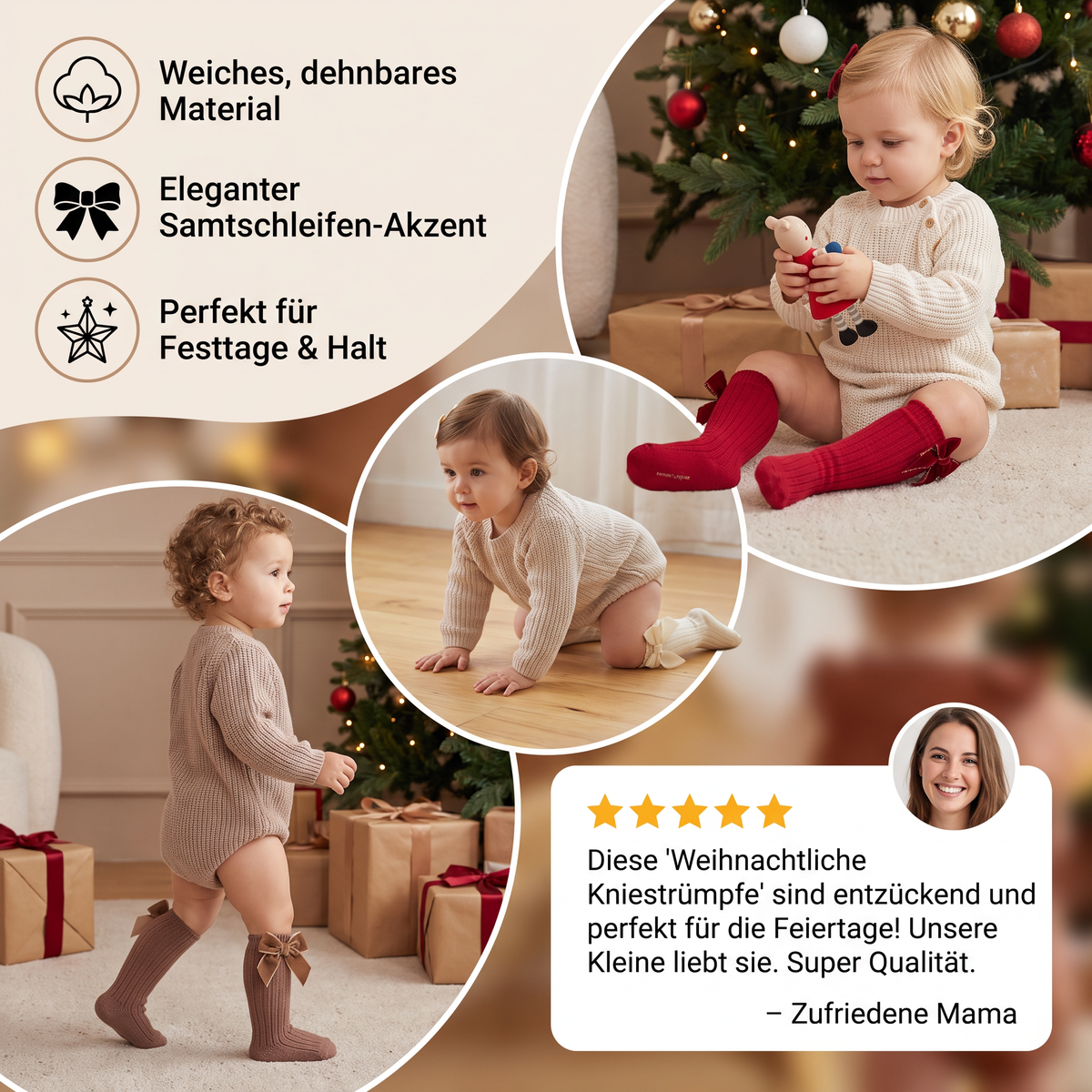 Weihnachtliche Kniestrümpfe für Baby-Mädchen mit Samtschleifen