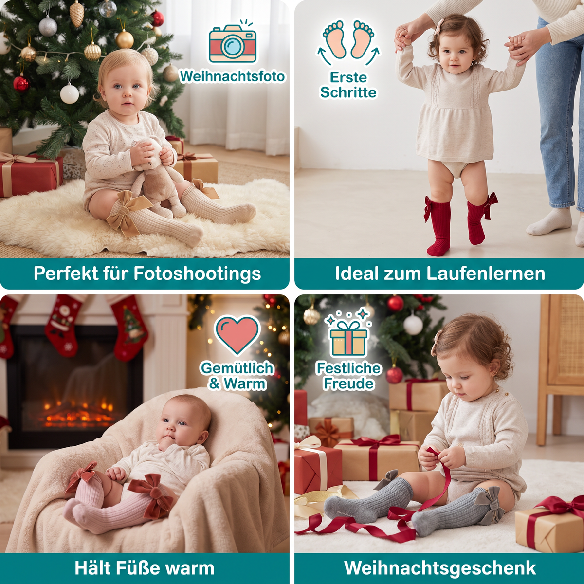 Weihnachtliche Kniestrümpfe für Baby-Mädchen mit Samtschleifen