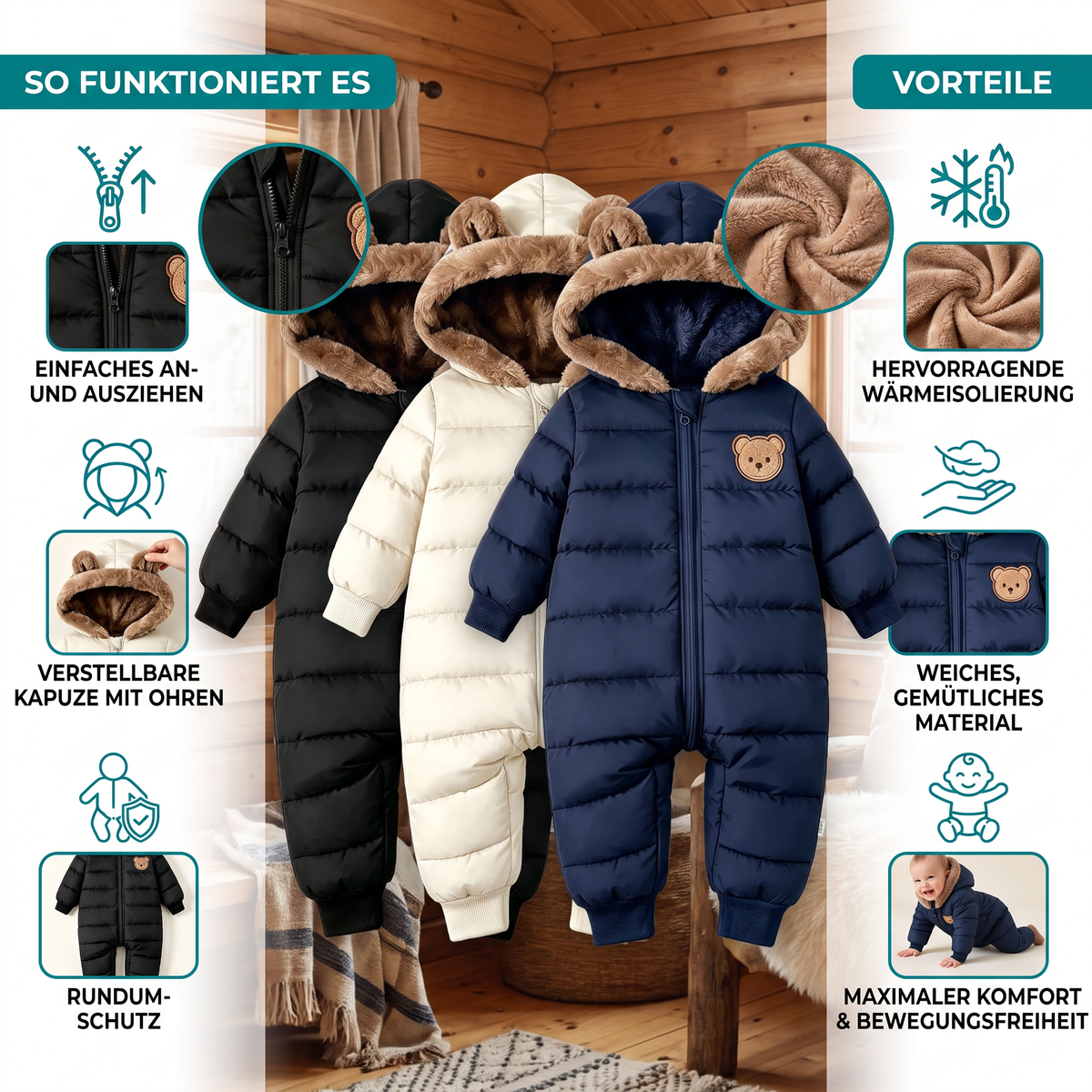 Baby-Bären-Overall – Warmer Einteiler mit Fleecefutter