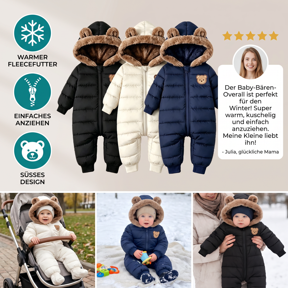 Baby-Bären-Overall – Warmer Einteiler mit Fleecefutter