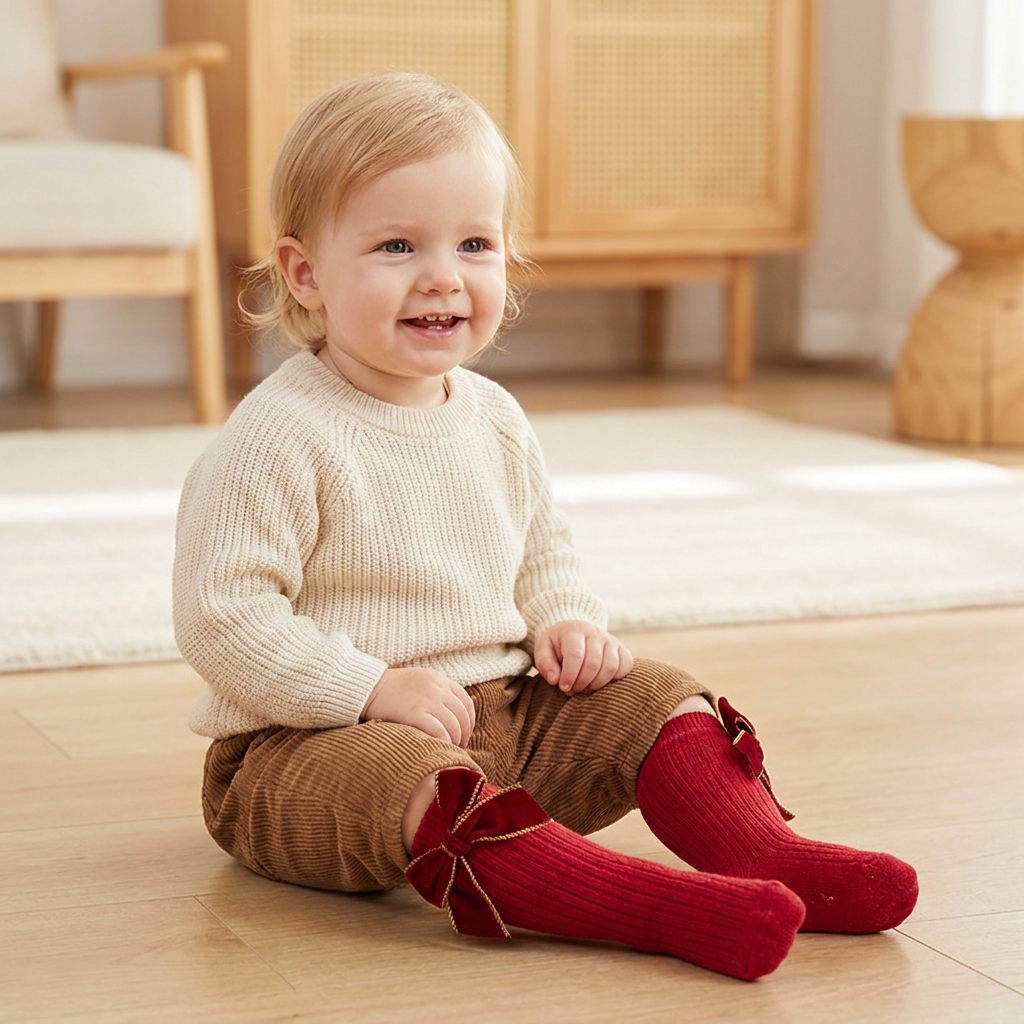 Weihnachtliche Kniestrümpfe für Baby-Mädchen mit Samtschleifen